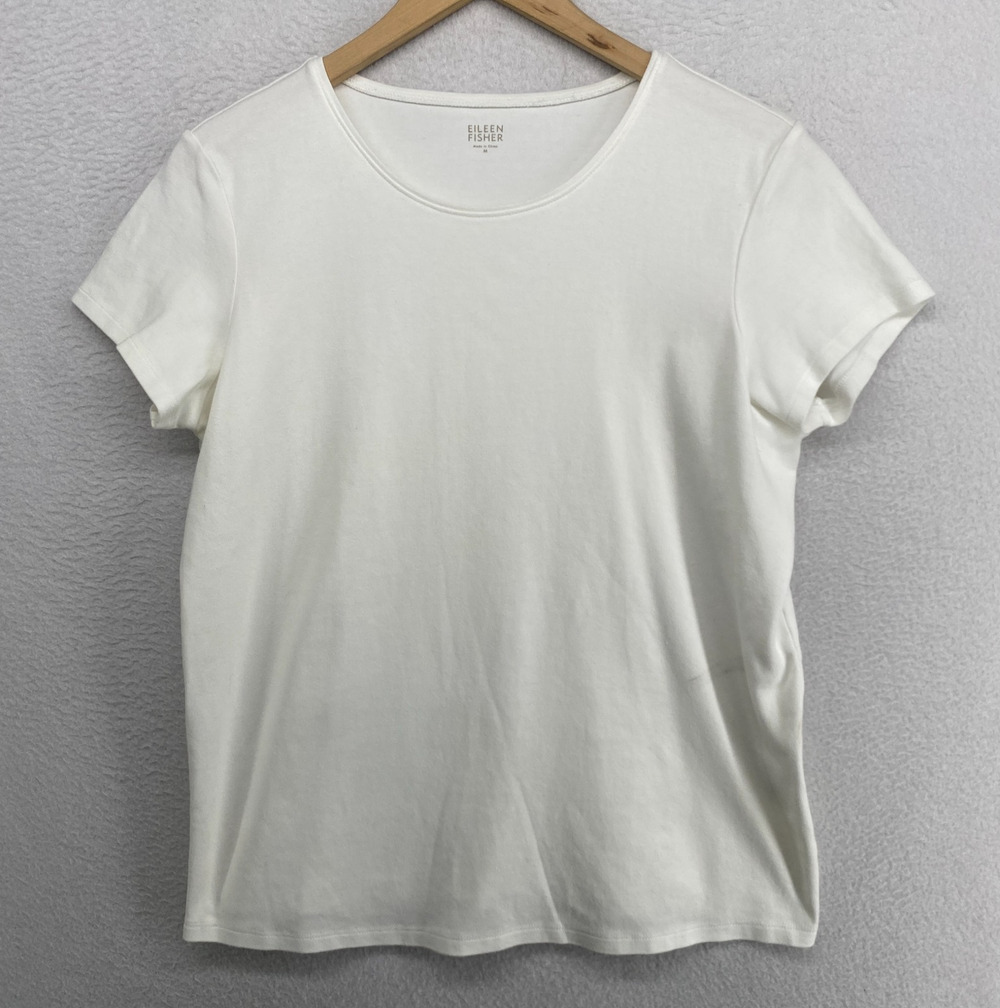 EILEEN FISHER Top M Cotton Interlock Jersey Crew Neck Short Sleeve Basic White